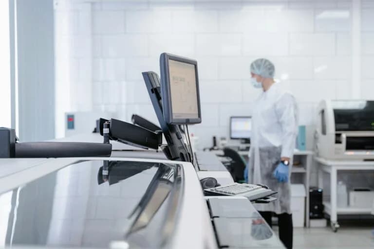 Lab technician in protective clothing working beside clinical computer workstations